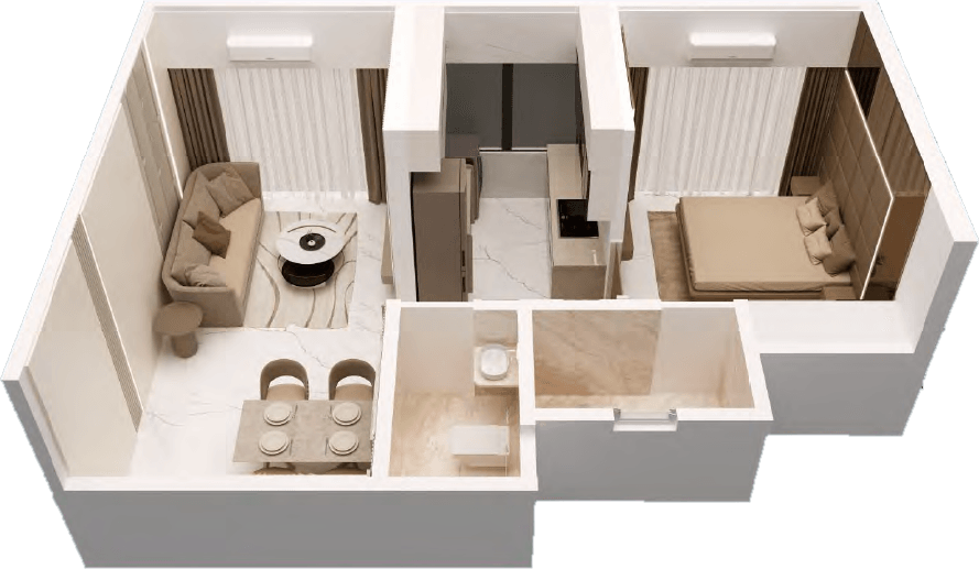1 BHK 3D apartment cutaway render at Shree Nidhi Heaven