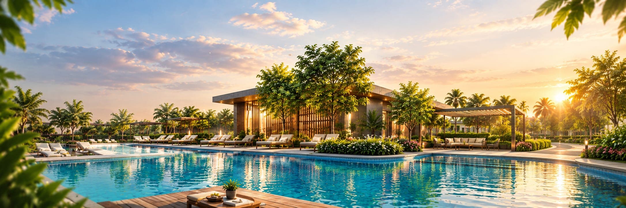 Poolside clubhouse deck at sunset at Shree Nidhi Heaven